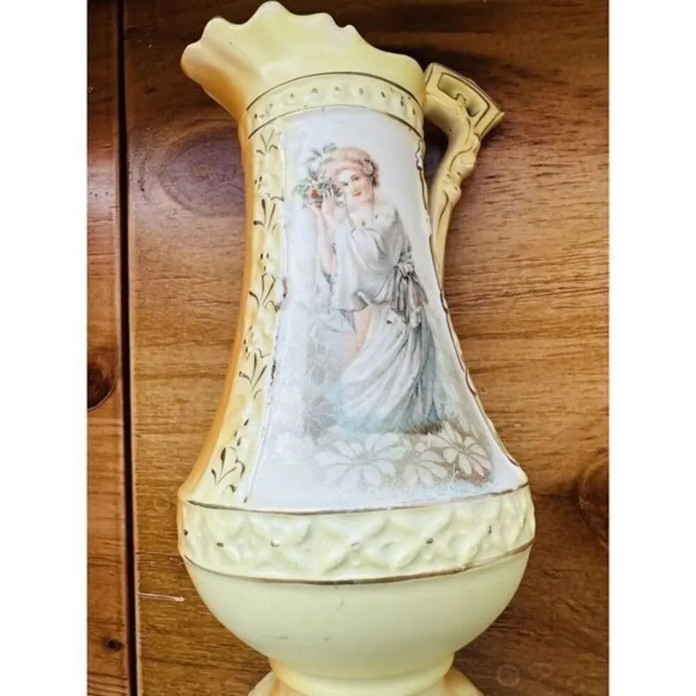 Vintage Porcelain Pitcher Transferware & Hand Painted‎ Woman Floral 8.5